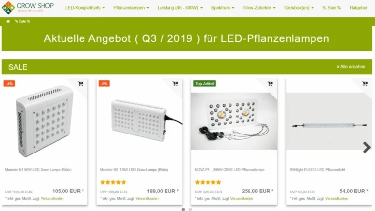 Verschiedene Angebote von LED Grow Pflanzenlampen auf der Website