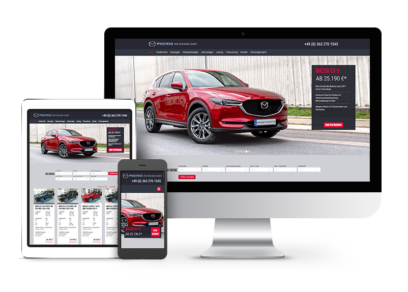 Die Website "neuwagen-kaufen.info" auf einem Laptop, einem Tablet und einem Smartphone