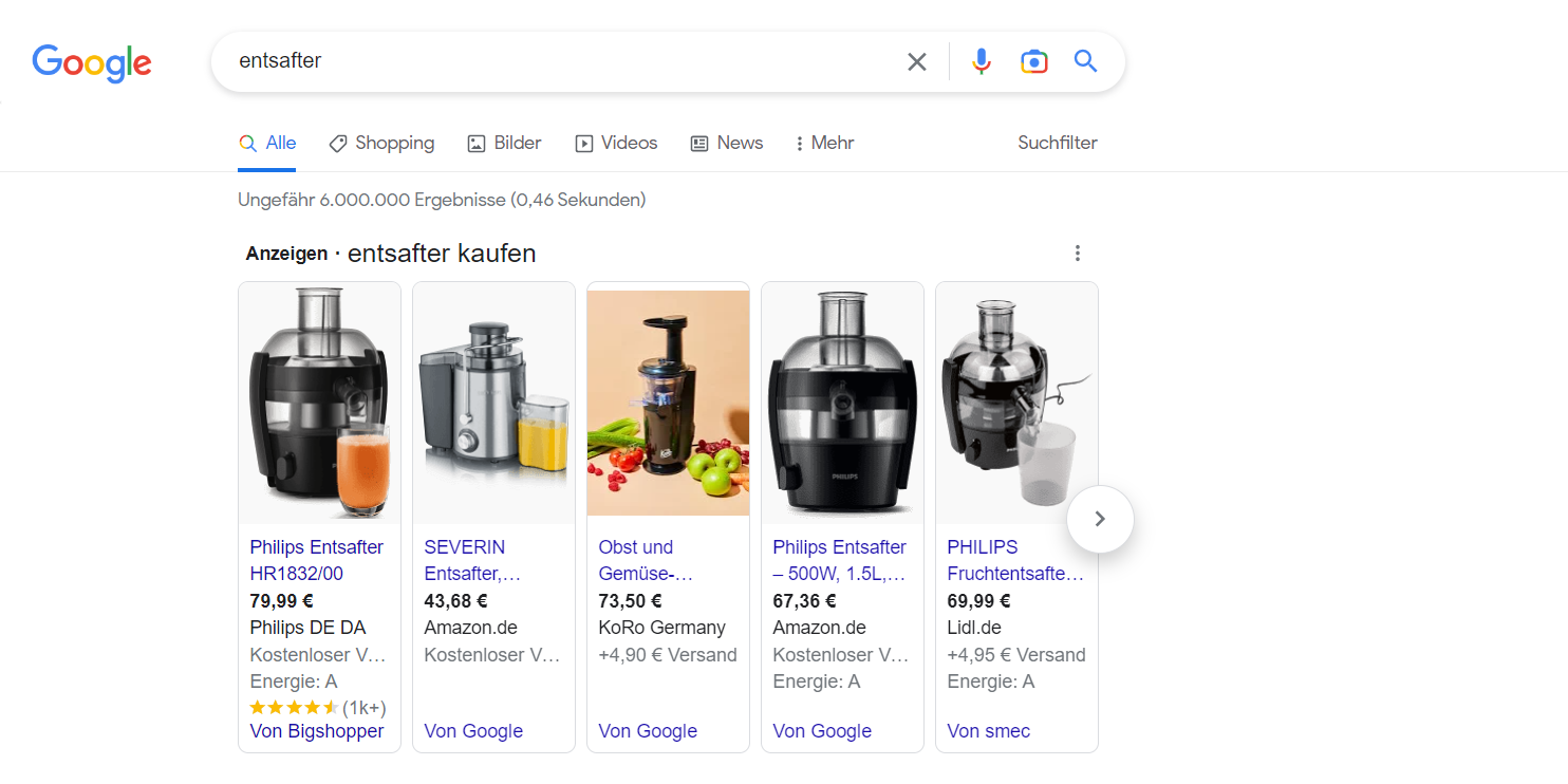 Google Shopping-Ergebnisse für "Entsafter"Screenshot