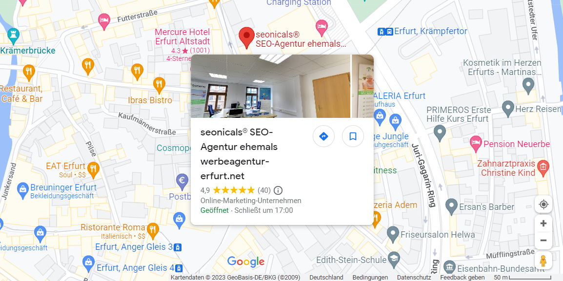 Google-Bewertungen in einer Unternehmens-Miniaturansicht in Google Maps