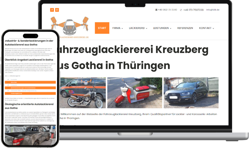 Die Webseite der Fahrzeuglackiererei Kreuzberg ist auf einem Laptop und einem Smartphone zu sehen