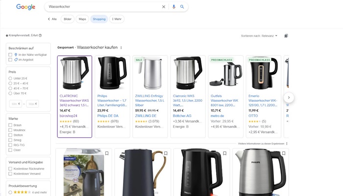 Beispielsuche für einen Wasserkocher bei Google Shopping
