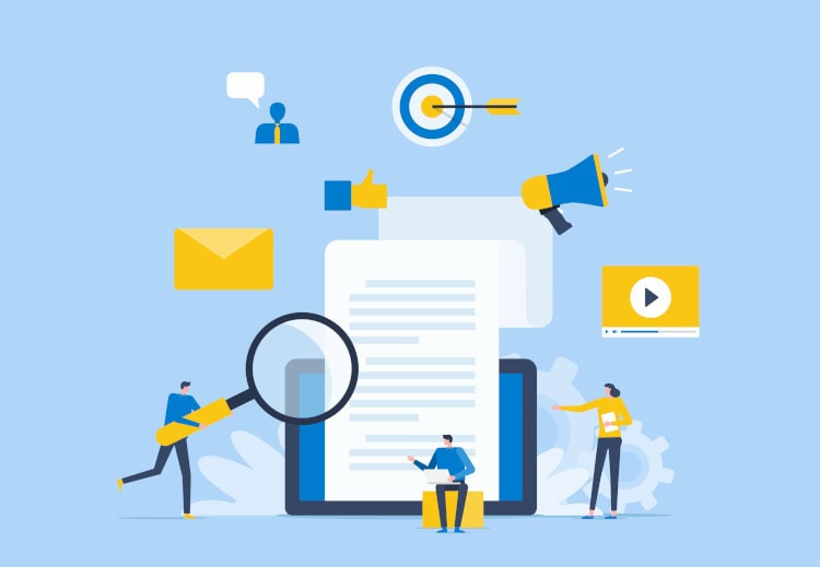 Illustration zum Content-Marketing: Menschen analysieren, erstellen und verbreiten Inhalte über digitale Kanäle wie E-Mail, Video, Suchmaschinen und Social Media.