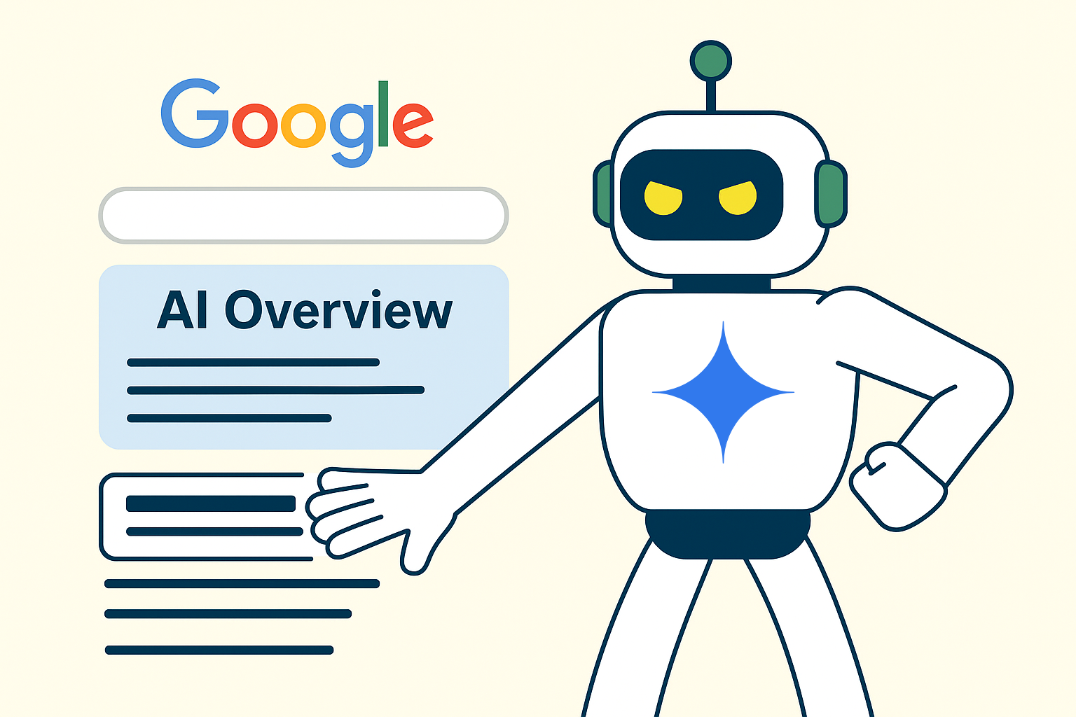 Flat-Design-Illustration: Ein Roboter mit gelben Augen und blauem Symbol auf der Brust steht neben einer Google-Suchergebnisseite, schiebt mit seiner Hand die organischen Suchergebnisse unterhalb der Suchleiste nach unten und setzt dafür AI Overviews ein.