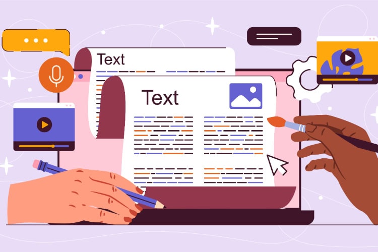 Illustration von 2 Händen, die mit Pinsel und Stift Text auf einem Laptop erstellen.