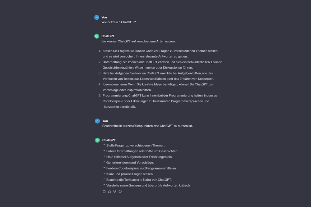 Screenshot ChatGPT mit Fragen und Antworten