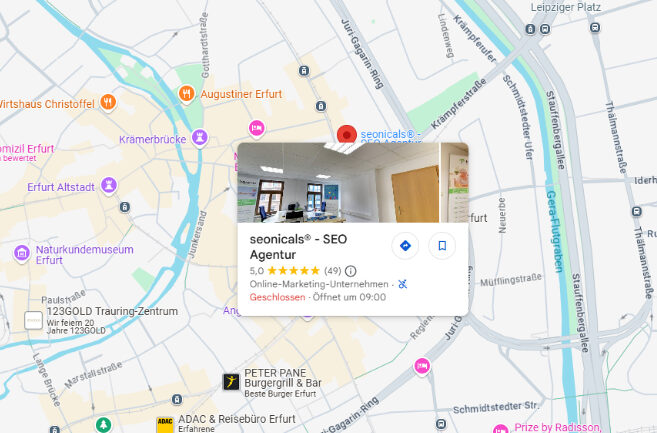 Google-Bewertungen der SEO-Agentur seonicals® in einer Unternehmens-Miniaturansicht in Google Maps