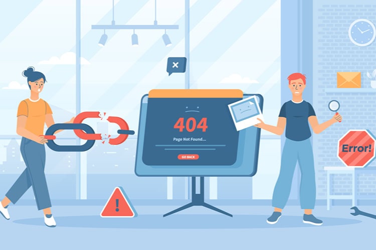 Vektor Grafik mit 2 Figuren, die kaputte Links mit 404 Fehler finden