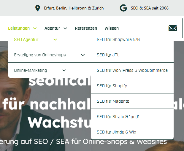 Screenshot der seonicals Website Navigation