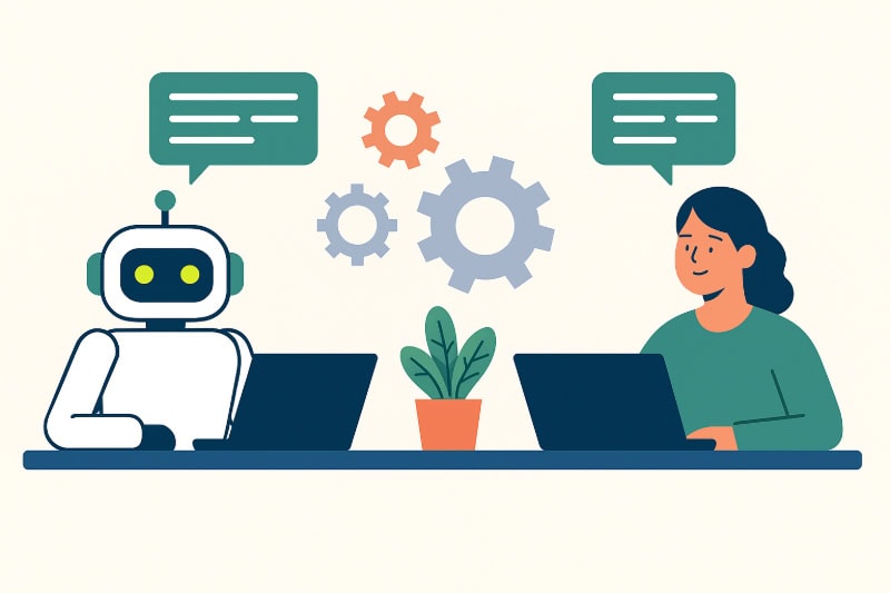 Illustration eines Roboters und einer Frau an Laptops im Dialog – symbolisiert Zusammenarbeit zwischen Mensch und künstlicher Intelligenz.