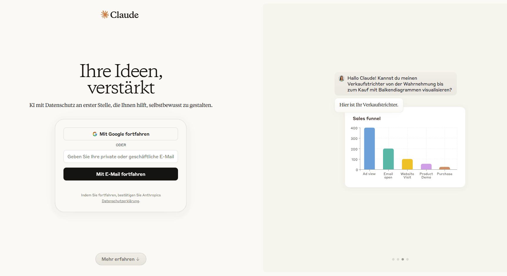 Screenshot der Claude-Startseite