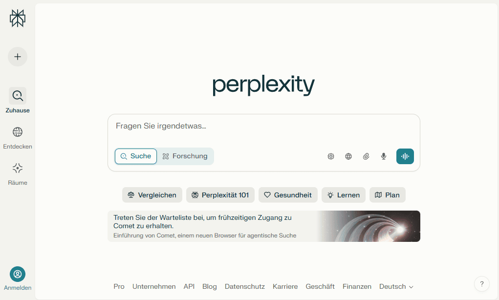Screenshot der Perplexity-Startseite