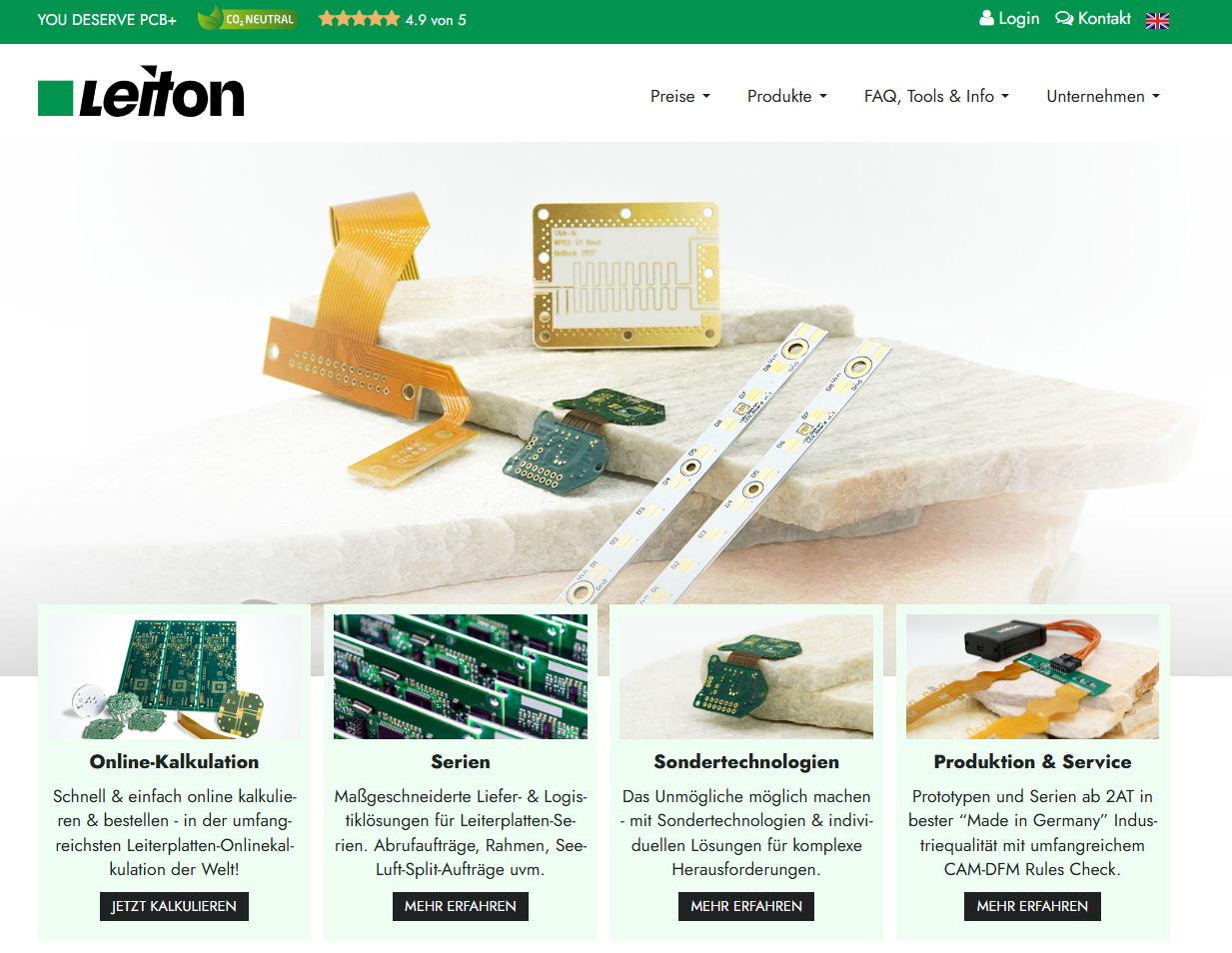Zu sehen ist das neue Homepage-Layout von Leiton.