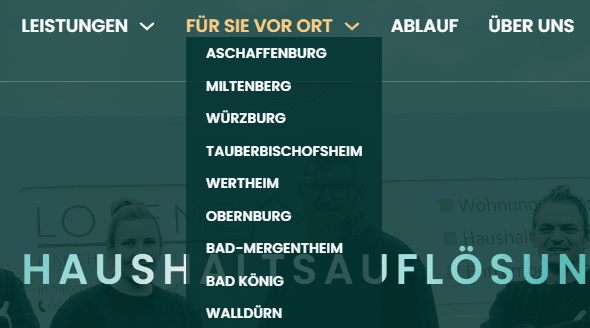 Screenshot des Website-Menüs für lokale Seiten von Lorenz Haushaltsauflösungen
