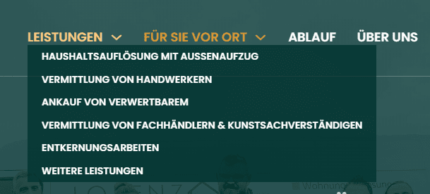 Screenshot des Website-Menüs für Leistungen von Lorenz Haushaltsauflösungen