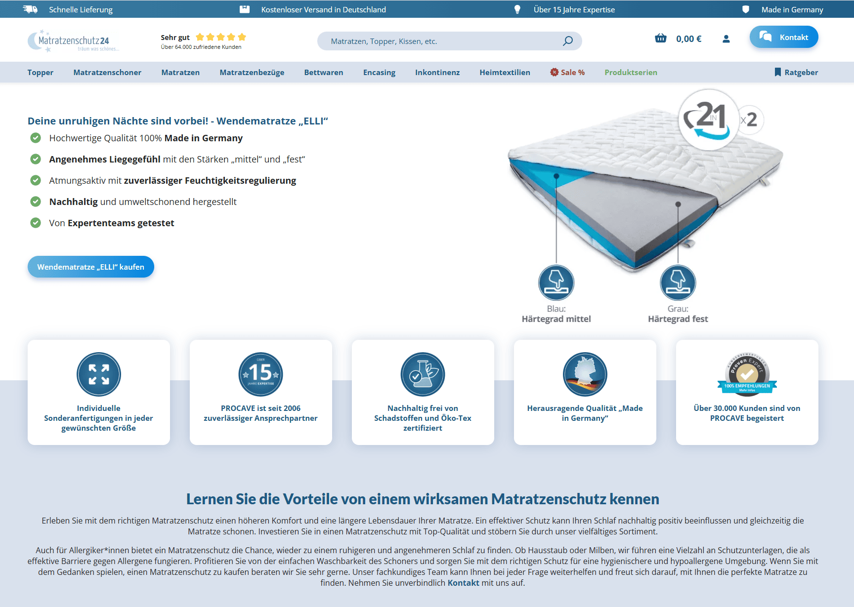 Screenshot der Startseite von Matratzenschutz24
