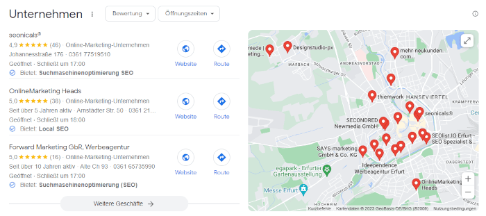 Screenshot der Google-Suchergebnisse für “SEO-Agentur Erfurt” im Local Snack Pack.