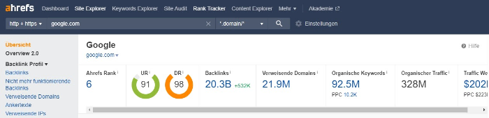 Domain Rating (DR) von Google.com im Ahrefs Site Explorer
