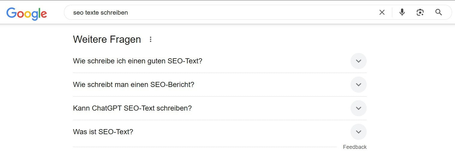 “Ähnliche Fragen”-Box zur Suchanfrage “SEO-Texte schreiben” in der Google-Suche