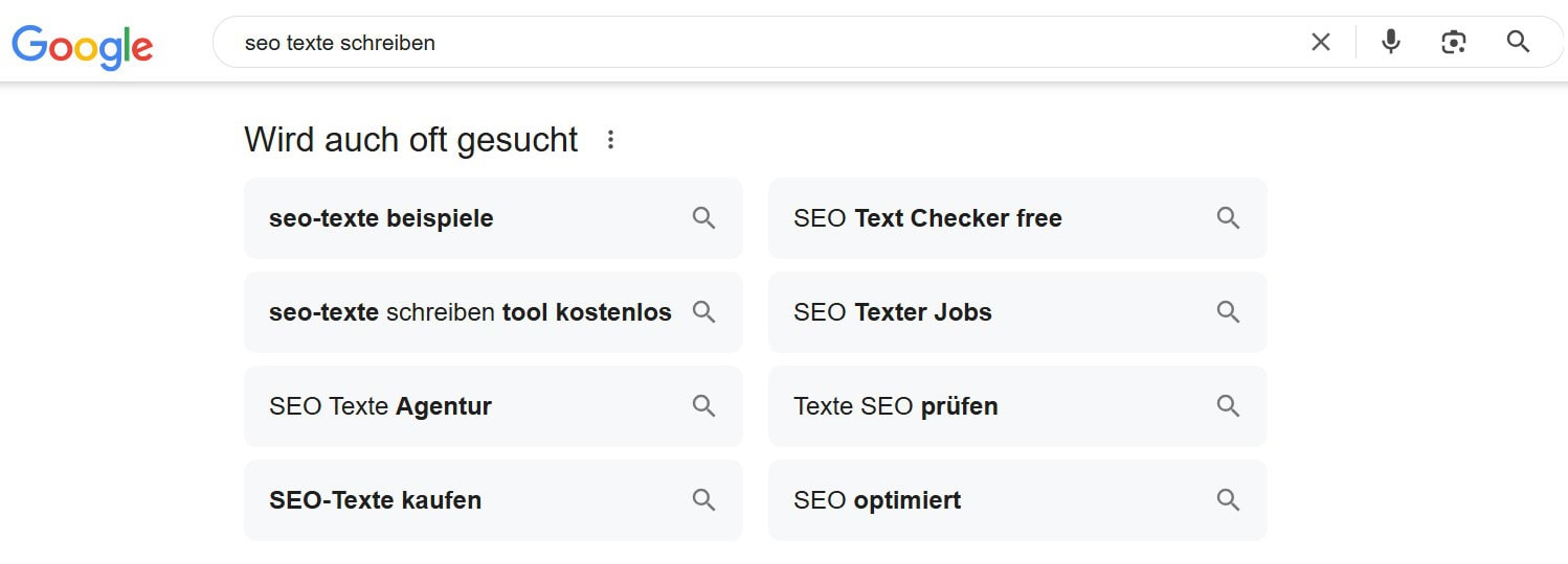 “Verwandte Suchanfragen”-Box für “SEO-Texte schreiben” in der Google-Suche