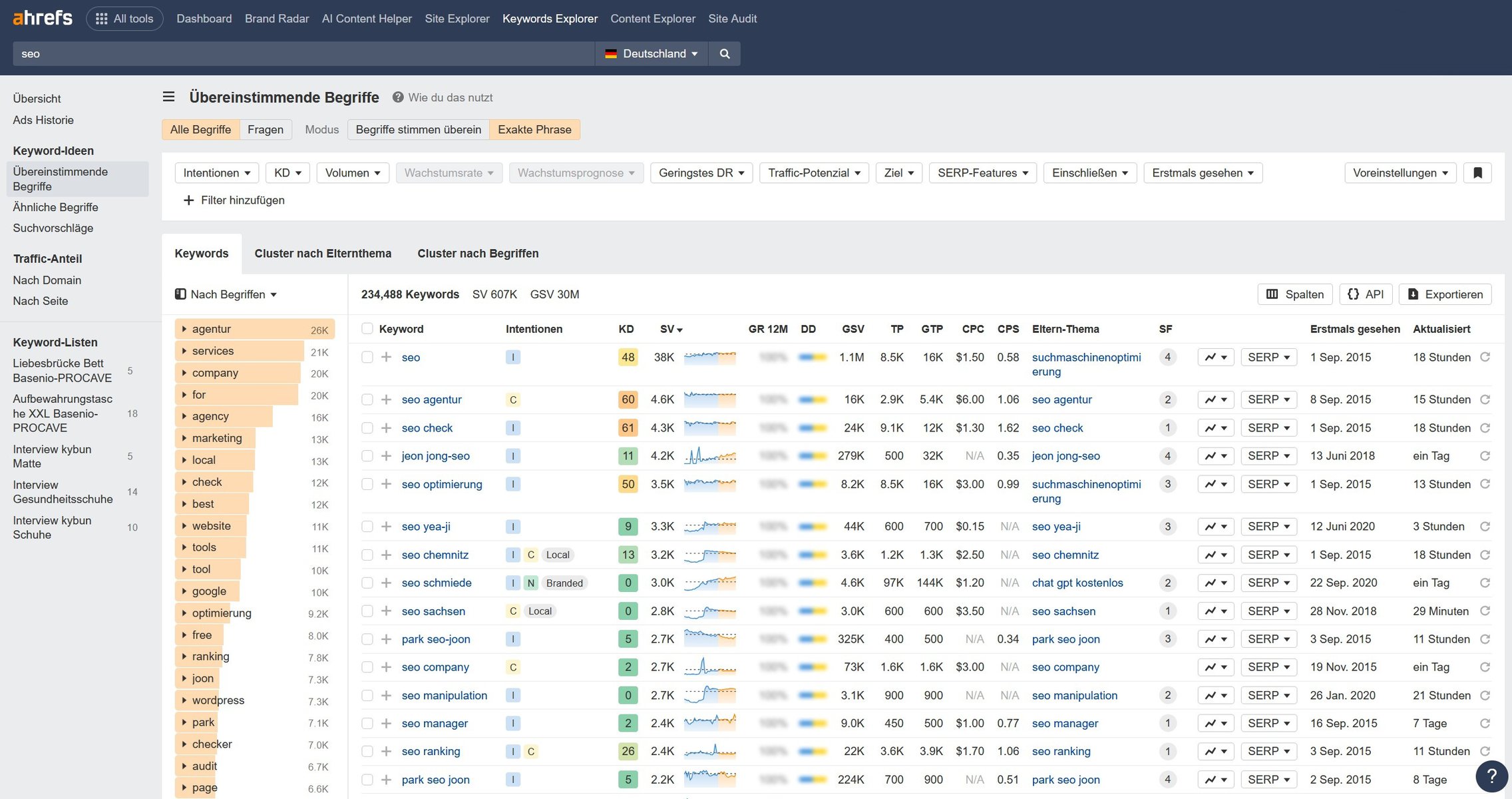 Übereinstimmende Terme zum Keyword “SEO” im Ahrefs Keywords Explorer