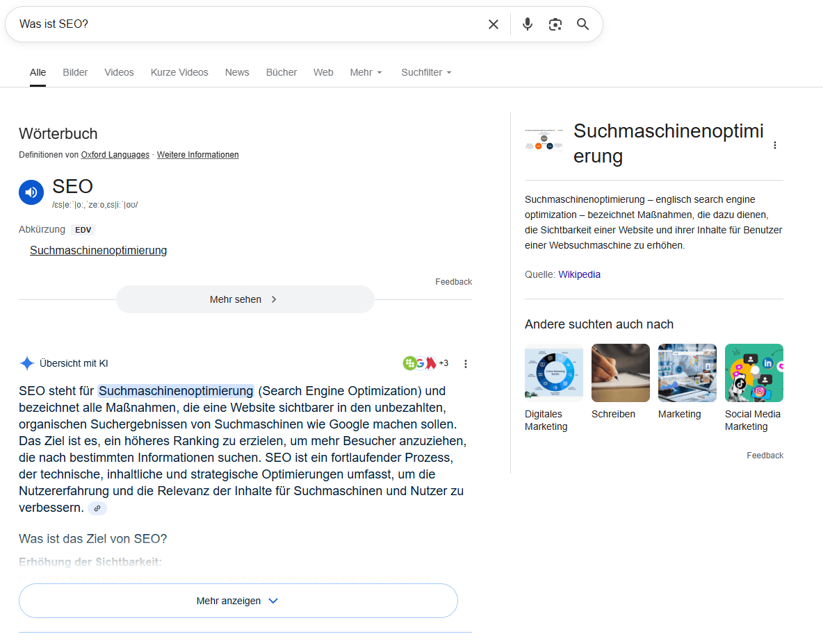 Screenshot der Google-Suche nach ‚Was ist SEO?‘ mit Definitionen, KI-Übersicht, Wörterbuch-Eintrag und Wikipedia-Auszug.