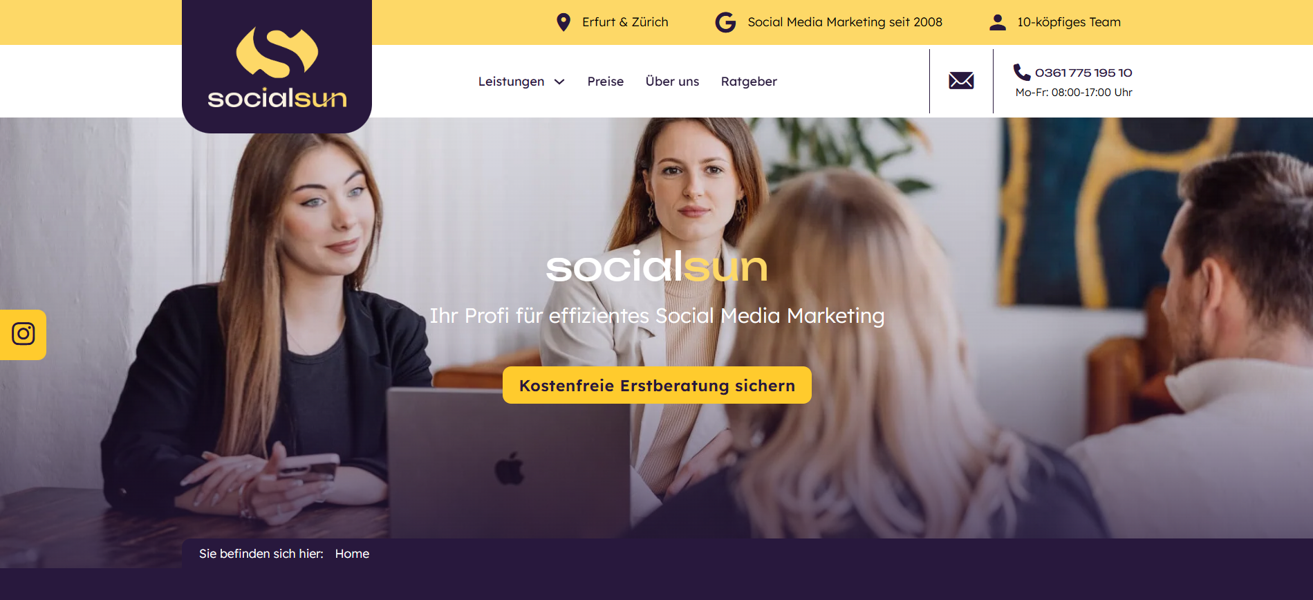 Screenshot der socialsun Startseite