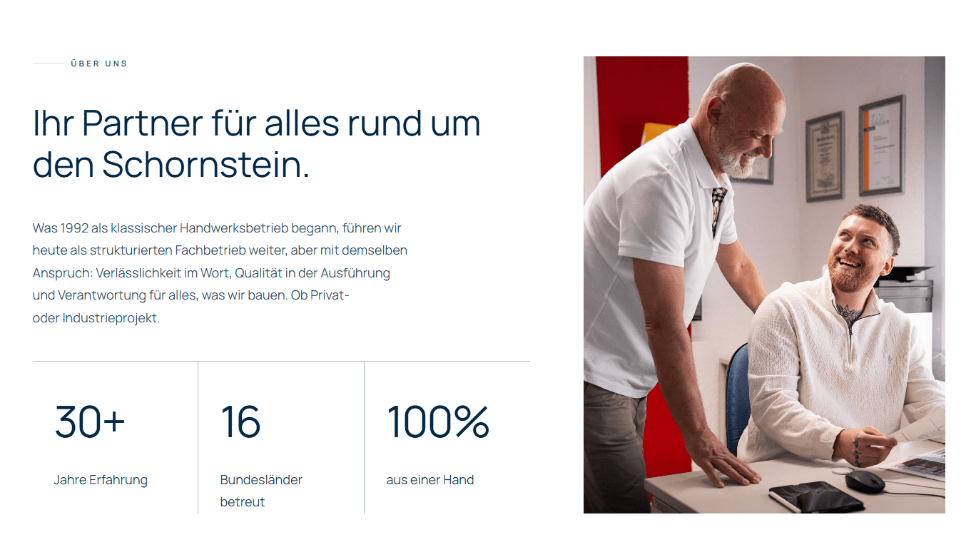 Screenshot mit Über Uns Sektion von Kämmerer Schornsteinbau