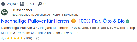 Google-Suchergebnis mit Snippet von Grünschnabel auf Platz 1 für „bio strickpullover herren“, inklusive Produktinfos und Seitenstruktur.