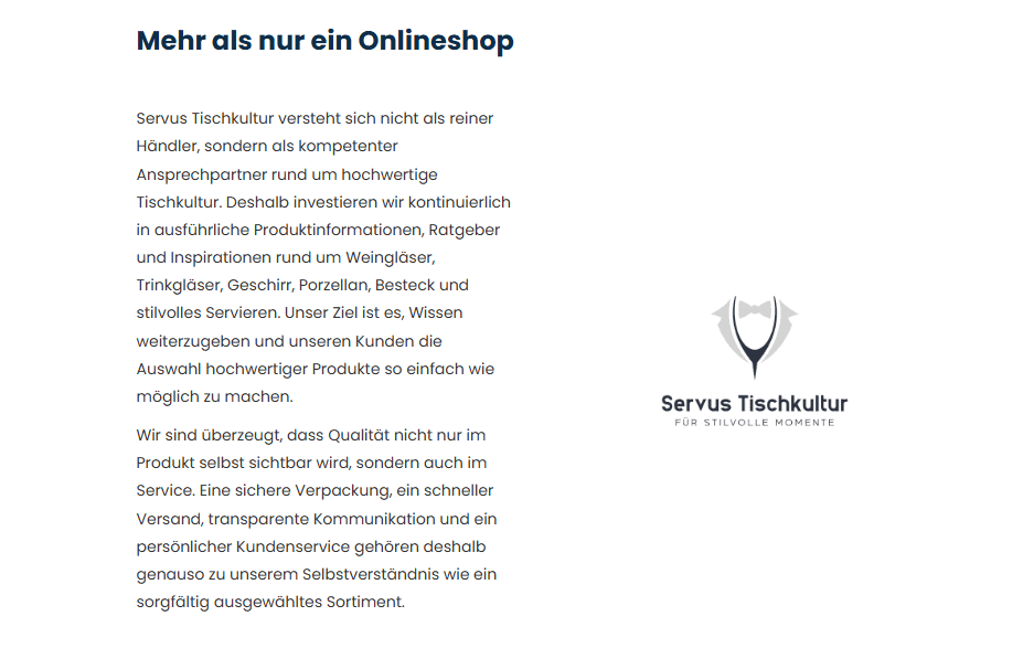 Screenshot der Servus Tischkultur Über Uns Seite