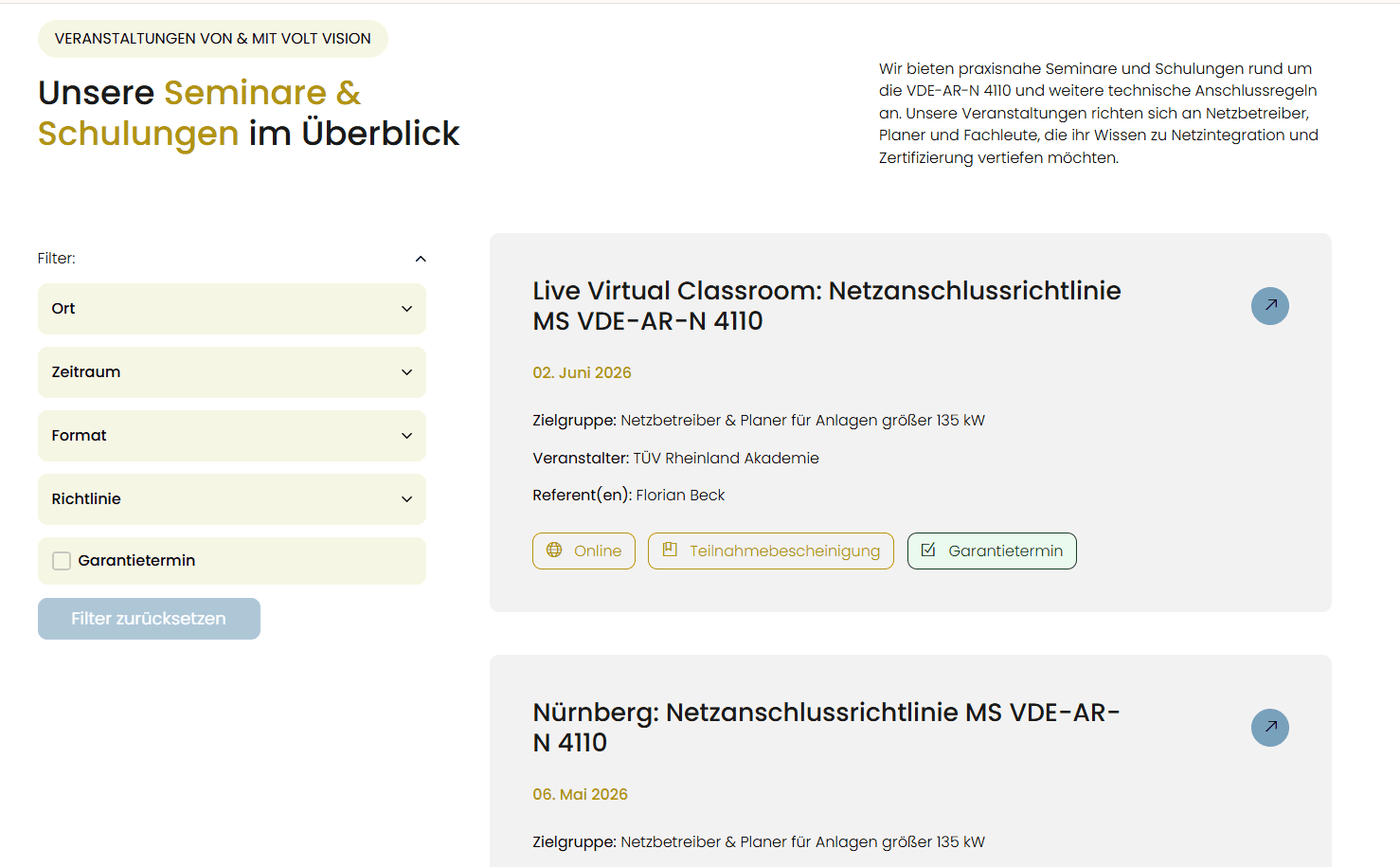 Screenshot der Volt Vision Seminare-Seite