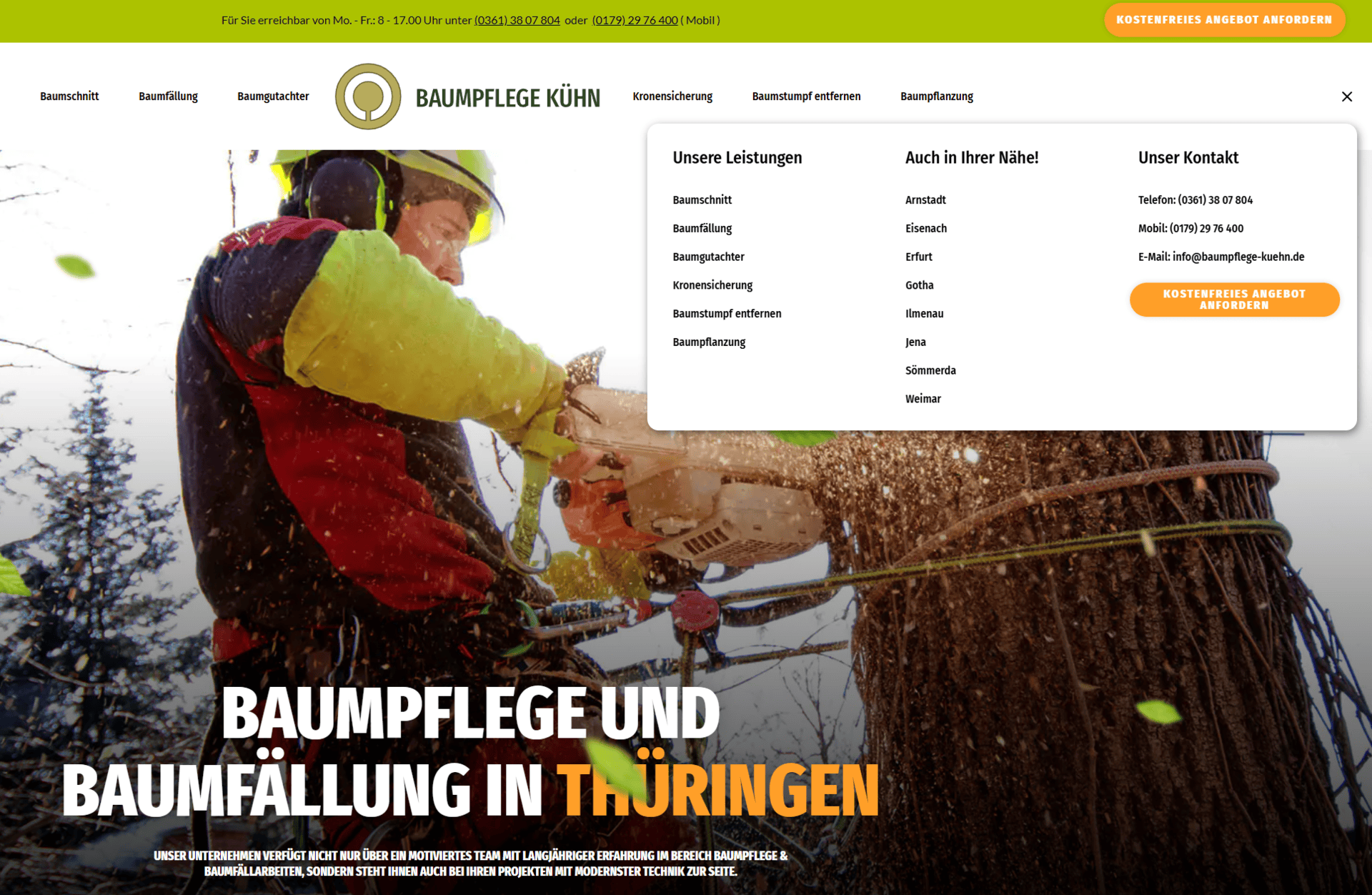 Screenshot der neuen Baumpflege Kühn Website mit Menü