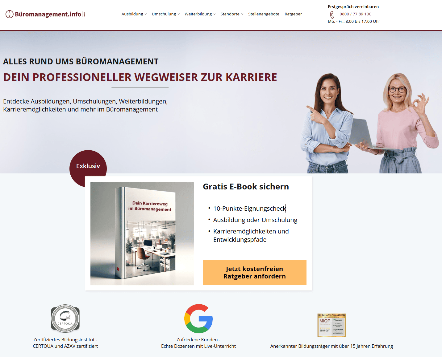 Bildbühne der neuen Landingpage bueromanagement.info.