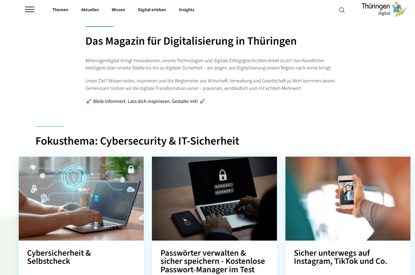 Startseite des Online-Magazins thueringen-digital.de mit Themenschwerpunkt Cybersecurity und IT-Sicherheit.