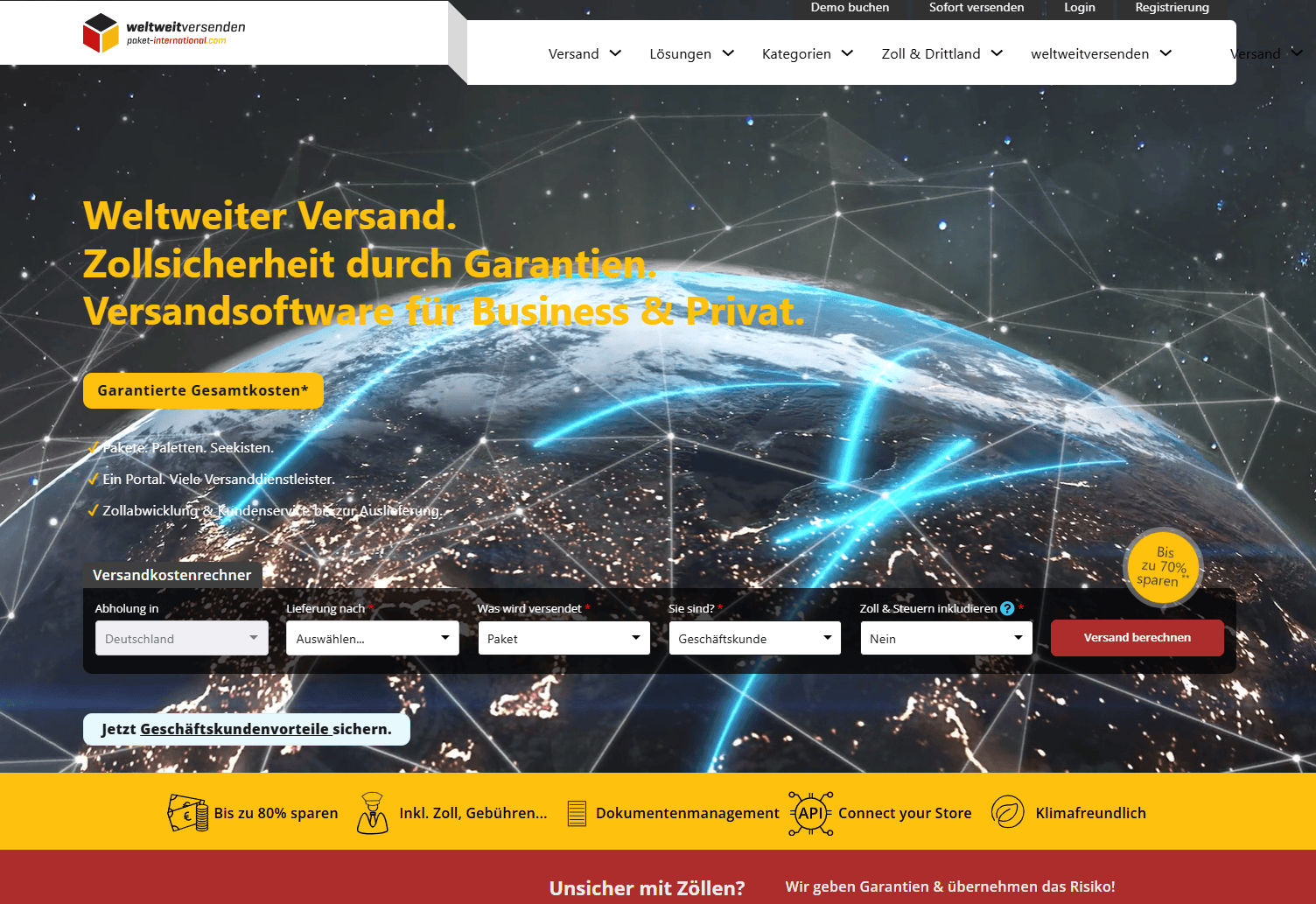 Screenshot der weltweitversenden-Website mit Versandkostenrechner und globaler Visualisierung des Versandnetzwerks.
