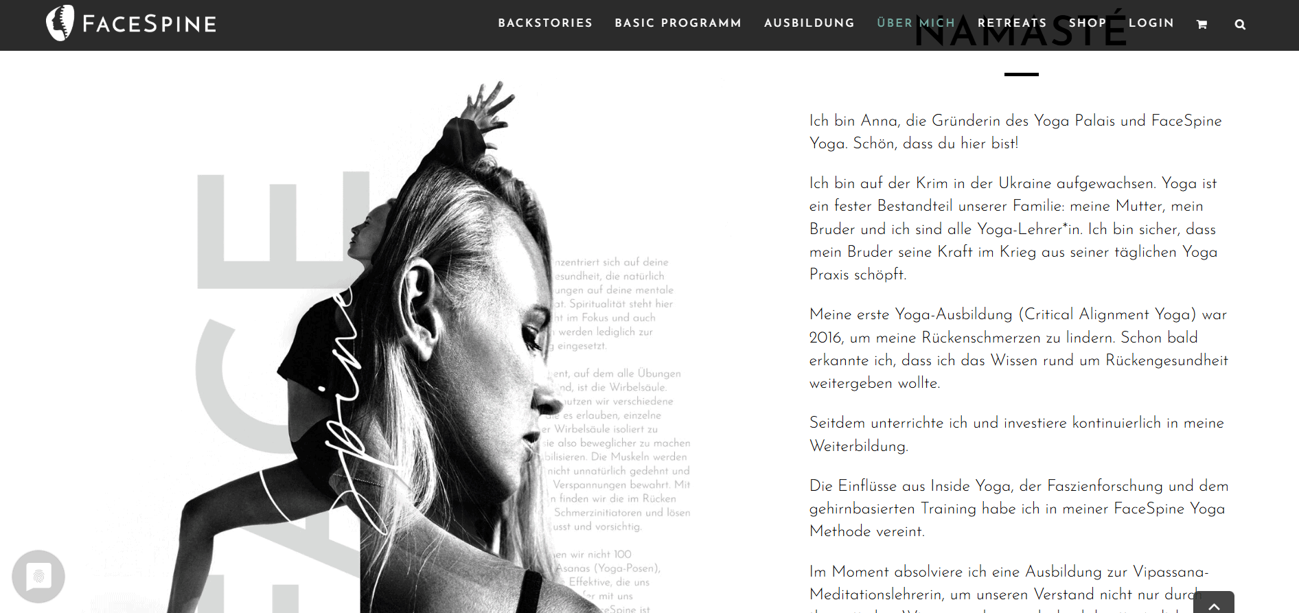 Über-mich-Seite von FaceSpine Yoga mit großem Schwarz-Weiß-Porträt der Gründerin Anna und Text über ihre Herkunft, Yoga-Ausbildung und Lehrphilosophie.