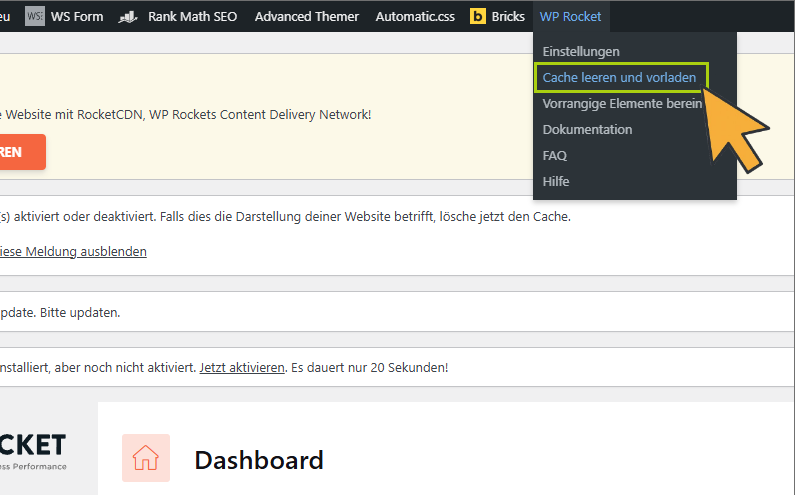 Screenshot aus dem WordPress-Backend: Das Menü von WP Rocket ist geöffnet, der Punkt „Cache leeren und vorladen“ ist markiert.