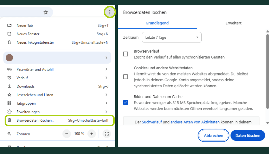 Screenshot aus Google Chrome: Der Menüpunkt „Browserdaten löschen“ ist markiert. Rechts ist das Fenster zum Löschen des Caches geöffnet.