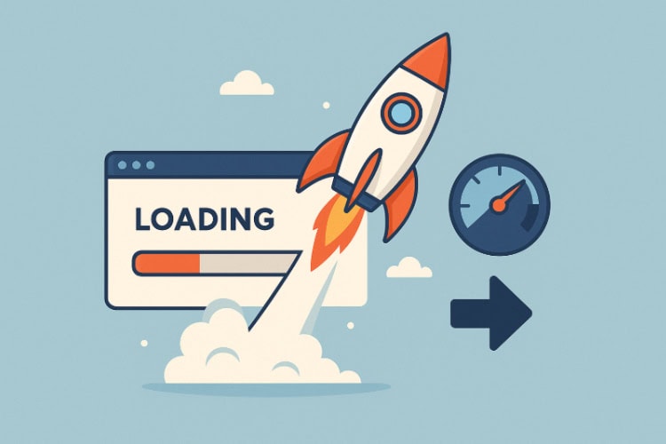 Symbolgrafik mit Ladebalken, Rakete, Uhr und Pfeil – stellvertretend für das Caching-Plugin WP Rocket und dessen Effekt auf die Ladegeschwindigkeit.