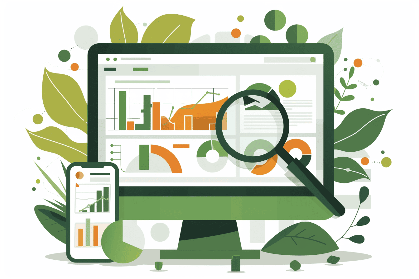 Minimalistische Vektor-Grafik; Monitor und Laptop zeigen Diagramme zur Website-Analyse, mit einer Lupe auf den Daten, umgeben von Pflanzen für ein modernes, nachhaltiges Design.