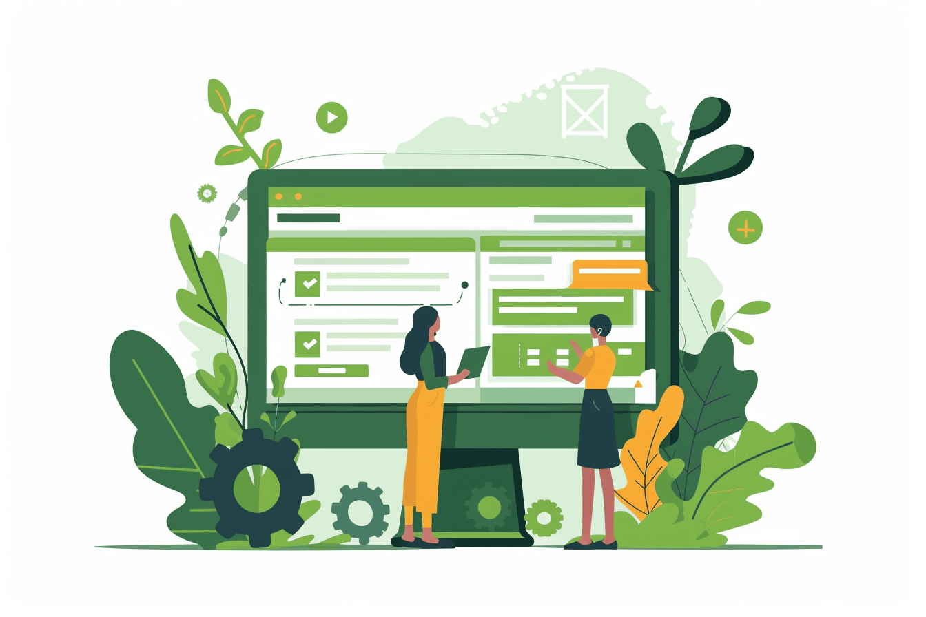 Illustration: Zwei Personen arbeiten an einer Website-Oberfläche auf einem großen Monitor, umgeben von Zahnrädern und Pflanzen – sinnbildlich für laufende Wartung und Optimierung