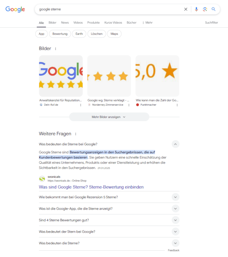 Screenshot eines FAQ-Markups, das unter “Weitere Fragen” direkt in den Google-Suchergebnissen angezeigt wird.