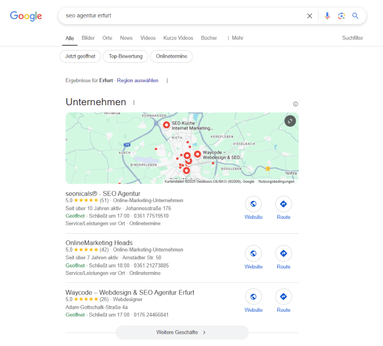 Screenshot eines Local Snack Packs mit Unternehmensprofilen für die Suchanfrage “SEO Agentur Erfurt”.