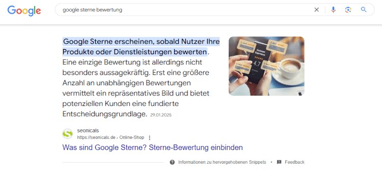 Screenshot eines Rich-Snippets zum seonicals Blogbeitrag Google Sterne Bewertung in den Google Suchergebnissen.