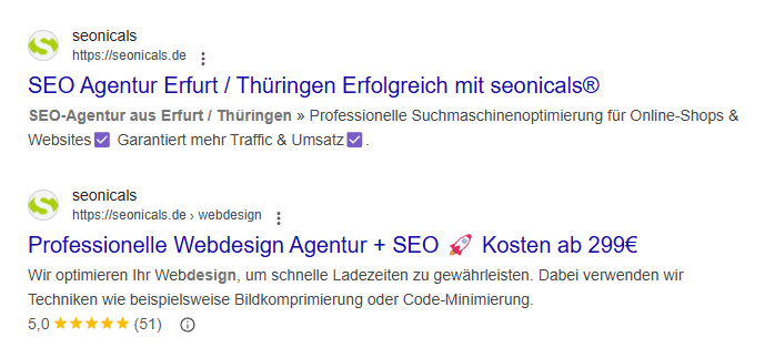 Screenshot zweier SEO-Snippets, eines mit und eines ohne Sternebewertung.