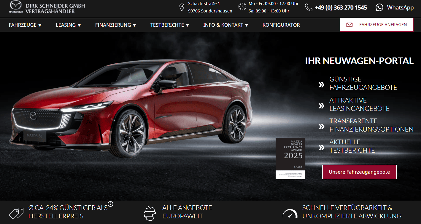 Startseite von neuwagen-kaufen.info mit Mazda-Fahrzeug, Leistungsversprechen und Kontaktdaten des Autohauses Schneider.